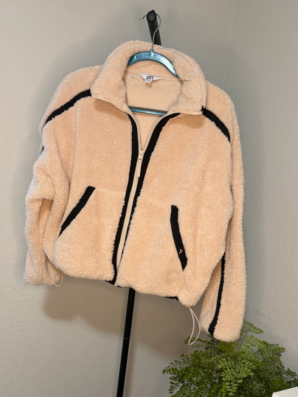 JoyLab Beige Sherpa Zip Jacket with Black Trim